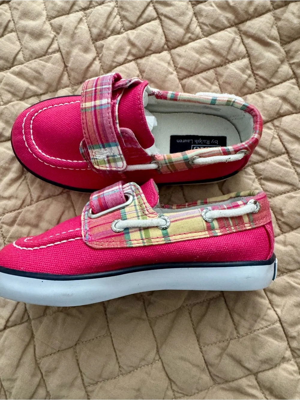 Little Kids Polo Ralph Lauren Pink Canvas Boat Shoe with Plaid Strap
